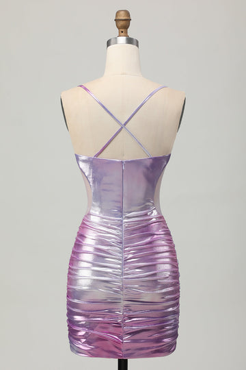 Silver Purple Bodycon Ruched V Neck Homecoming Dress